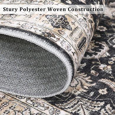 Boho Floral Vintage Distressed Washable Area Rug, Foldable Anti-Slip Stain-Resistant for Bedroom