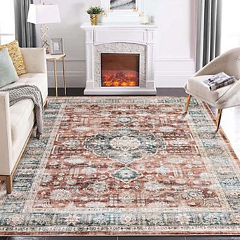 Boho Floral Vintage Distressed Washable Area Rug, Foldable Anti-Slip Stain-Resistant for Bedroom