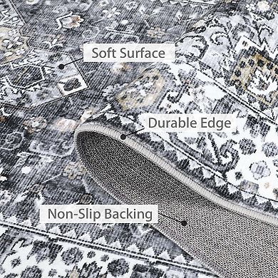 Boho Medallion Distressed Area Rug, Anti-Slip Non-Shedding Foldable Thin Carpet for Living Room