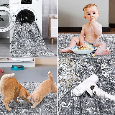 Boho Medallion Distressed Area Rug, Anti-Slip Non-Shedding Foldable Thin Carpet for Living Room