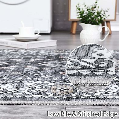 Boho Medallion Distressed Area Rug, Anti-Slip Non-Shedding Foldable Thin Carpet for Living Room