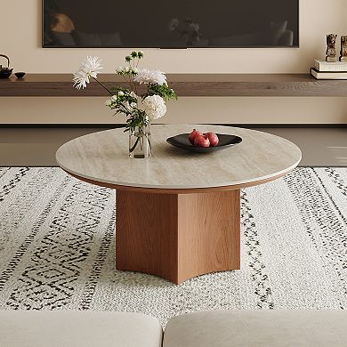 35.4" Modern Round Coffee Table, Natural Sintered Stone Living Room Table with Wood