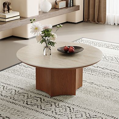 35.4" Modern Round Coffee Table, Natural Sintered Stone Living Room Table with Wood