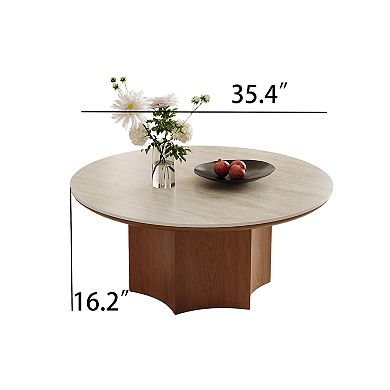 35.4" Modern Round Coffee Table, Natural Sintered Stone Living Room Table with Wood