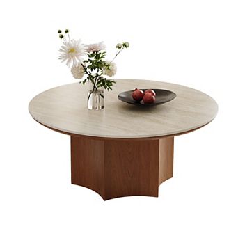 35.4" Modern Round Coffee Table, Natural Sintered Stone Living Room Table with Wood
