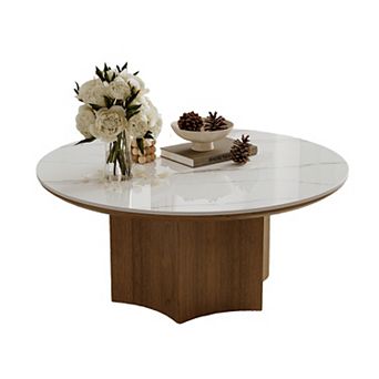 35.4" Modern Round Coffee Table, Natural Sintered Stone Living Room Table with Wood