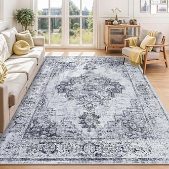 Washable Vintage Area Rug-Boho Farmhouse Low Pile Soft Non-Slip Carpet for Bedroom Living Room