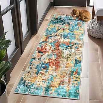 Colorful Modern Abstract Washable Runner Rug, Non-Slip Soft Ultra-Thin Carpet for Kitchen Bedroom