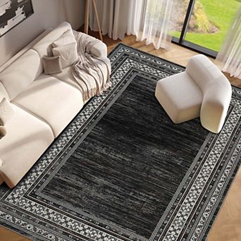 Area Rug- Modern Bordered Floral Rug- Washable Soft Foldable Accent Rug for Living Room- Bedroom