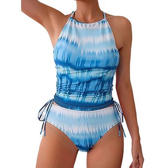 Two Piece Halter Tankini Swimsuits for Women Tummy Control Bathing Suits Side Drawstrings Swimwear