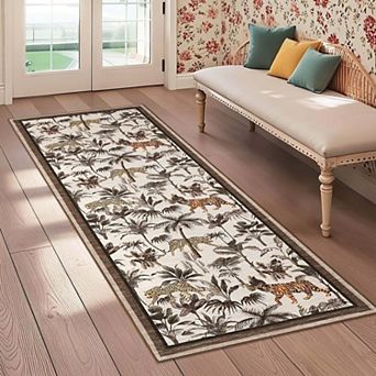 Tiger Tropical Jungle Print Washable Runner Rug-Non-Slip Non Shedding for Hallway Kitchen Entryway