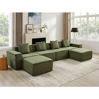 4 Seat Cloud Couch U-Shaped Sofa, 149'' Modular Boneless Couches Corduroy Cloud Sofa with 2 Ottoman