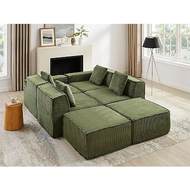 4 Seat Cloud Couch U-Shaped Sofa, 149'' Modular Boneless Couches Corduroy Cloud Sofa with 2 Ottoman