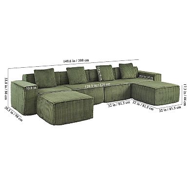 4 Seat Cloud Couch U-Shaped Sofa, 149'' Modular Boneless Couches Corduroy Cloud Sofa with 2 Ottoman