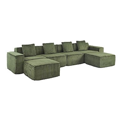 4 Seat Cloud Couch U-Shaped Sofa, 149'' Modular Boneless Couches Corduroy Cloud Sofa with 2 Ottoman