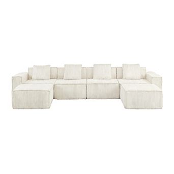 4 Seat Cloud Couch U-Shaped Sofa, 149'' Modular Boneless Couches Corduroy Cloud Sofa with 2 Ottoman