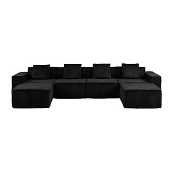 4 Seat Cloud Couch U-Shaped Sofa, 149'' Modular Boneless Couches Corduroy Cloud Sofa with 2 Ottoman