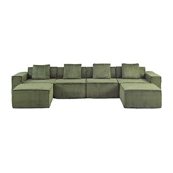 4 Seat Cloud Couch U-Shaped Sofa, 149'' Modular Boneless Couches Corduroy Cloud Sofa with 2 Ottoman
