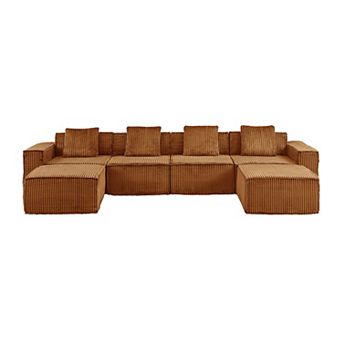 4 Seat Cloud Couch U-Shaped Sofa, 149'' Modular Boneless Couches Corduroy Cloud Sofa with 2 Ottoman