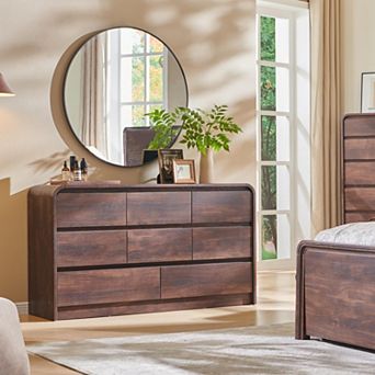 Modern 8-Drawer Dresser, 55" Wide Wood Storage Organizer w/Curved Profile, for Bedroom Living Room
