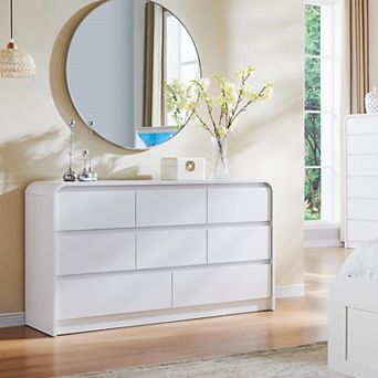 Modern 8-Drawer Dresser, 55" Wide Wood Storage Organizer w/Curved Profile, for Bedroom Living Room