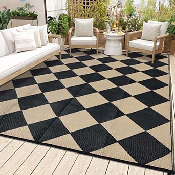 Waterproof Portable Geometric Outdoor Rug, Plastic Carpet with Storage Bag for Patio Camping Porch