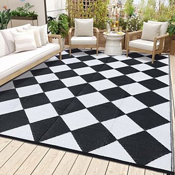 Waterproof Portable Geometric Outdoor Rug, Plastic Carpet with Storage Bag for Patio Camping Porch