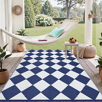 Waterproof Portable Geometric Outdoor Rug, Plastic Carpet with Storage Bag for Patio Camping Porch