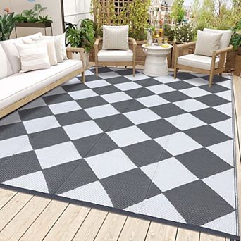 Waterproof Portable Geometric Outdoor Rug, Plastic Carpet with Storage Bag for Patio Camping Porch