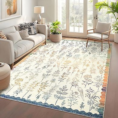 Washable Rugs 2x6 Runner Rug, Modern Floral,, Non Slip, Low Pile, Soft Stain, for Laundry Hallway