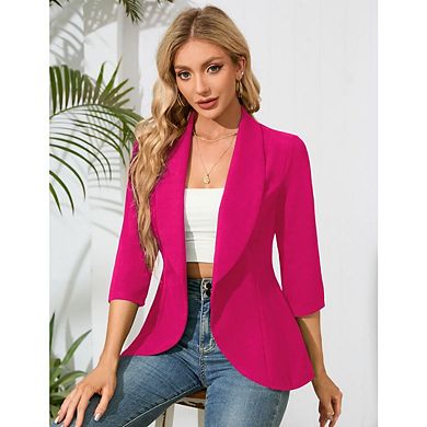 Women's 3/4 Sleeve Open Front Ruffle Lightweight Casual Work Office Cropped Blazers