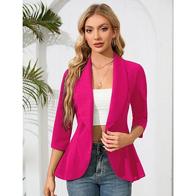Women's 3/4 Sleeve Open Front Ruffle Lightweight Casual Work Office Cropped Blazers