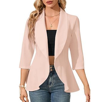 Women's 3/4 Sleeve Open Front Ruffle Lightweight Casual Work Office Cropped Blazers