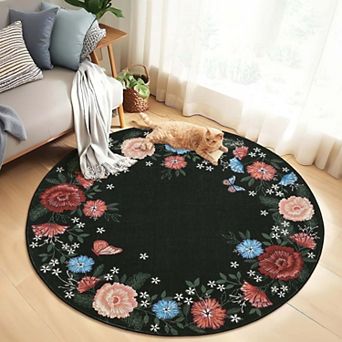 Washable Floral Boho Area Rug-Ultra Soft Non-Slip Low Pile Stain Resistant Carpet for Living Room