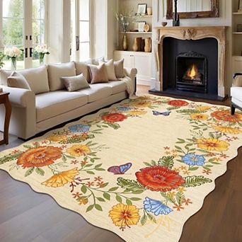 Washable Floral Boho Area Rug-Ultra Soft Non-Slip Low Pile Stain Resistant Carpet for Living Room