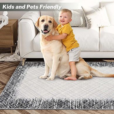 Modern Abstract Bordered Washable Rug,Non-Slip Low Pile Carpet for Living Room Bedroom Office