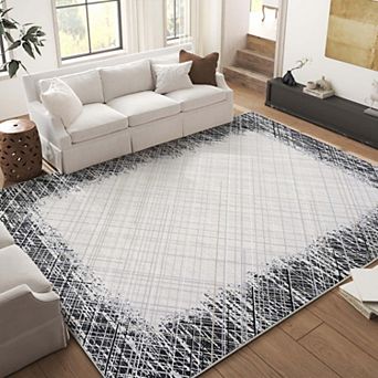 Modern Abstract Bordered Washable Rug,Non-Slip Low Pile Carpet for Living Room Bedroom Office