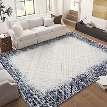 Modern Abstract Bordered Washable Rug,Non-Slip Low Pile Carpet for Living Room Bedroom Office