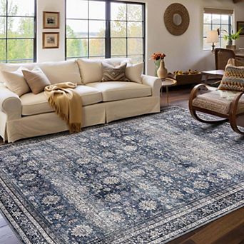 Washable Area Rug Low Pile Floral Print Non-Slip Carpet for Living Room Bedroom Traditional Dark