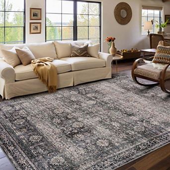Washable Area Rug Low Pile Floral Print Non-Slip Carpet for Living Room Bedroom Traditional Dark