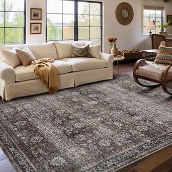 Washable Area Rug Low Pile Floral Print Non-Slip Carpet for Living Room Bedroom Traditional Dark