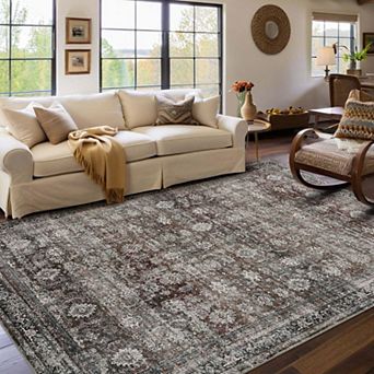 Washable Area Rug Low Pile Floral Print Non-Slip Carpet for Living Room Bedroom Traditional Dark