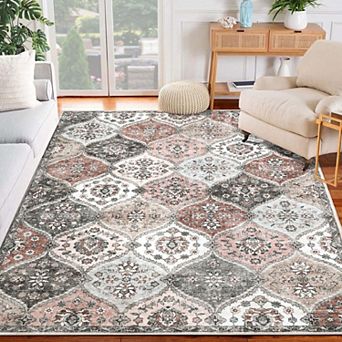 Floral Trellis Vintage Persian Area Rug, Soft Washable Indoor Accent Carpet for Living Room Bedroom