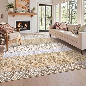 Washable Vintage Oriental Area Rug-Low Pile Non-Slip Soft Stain Resistant Foldable for Living Room