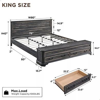 Farmhouse King & Queen Bed Frame with Storage Drawers and Bench, Platform Bed with Headboard