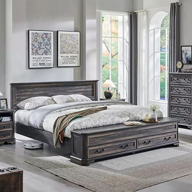Farmhouse King & Queen Bed Frame with Storage Drawers and Bench, Platform Bed with Headboard