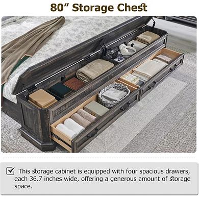 Farmhouse King & Queen Bed Frame with Storage Drawers and Bench, Platform Bed with Headboard