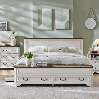 Farmhouse King & Queen Bed Frame with Storage Drawers and Bench, Platform Bed with Headboard