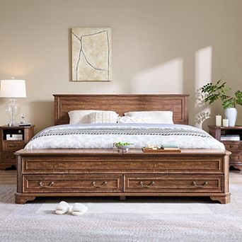 Farmhouse King & Queen Bed Frame with Storage Drawers and Bench, Platform Bed with Headboard
