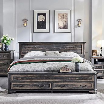 Farmhouse King & Queen Bed Frame with Storage Drawers and Bench, Platform Bed with Headboard